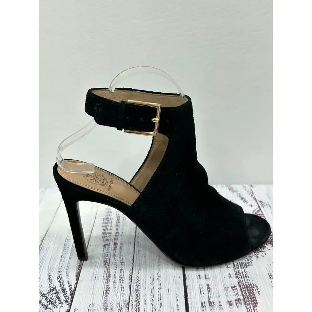 Tory Burch Women's Black Leather Brittania Peep Toe Suede Bootie Size 8.5M